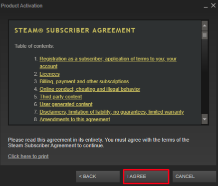 click on agree options steps for activation